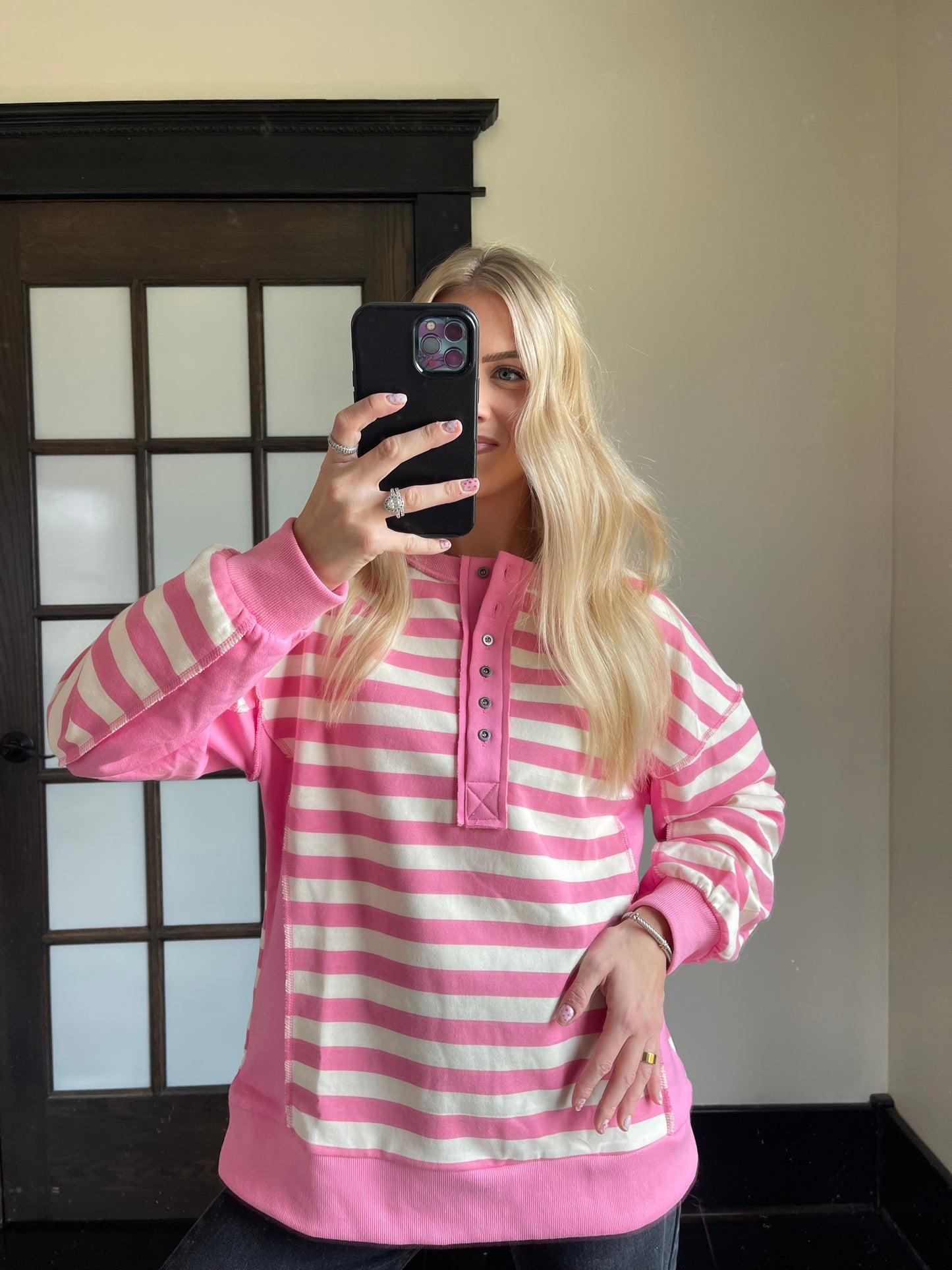 Contrast Panel Henley - Pink + Cream