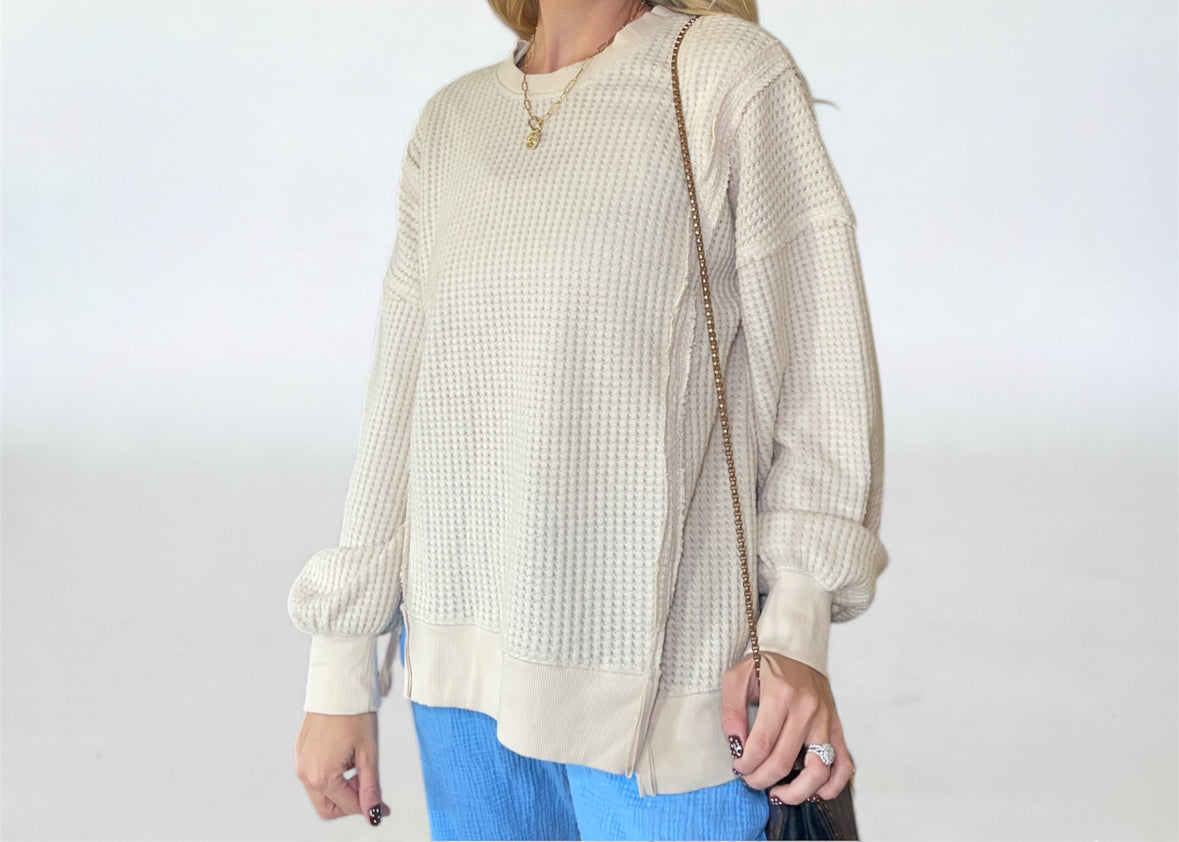 Waffle Knit Casual Top - Cream