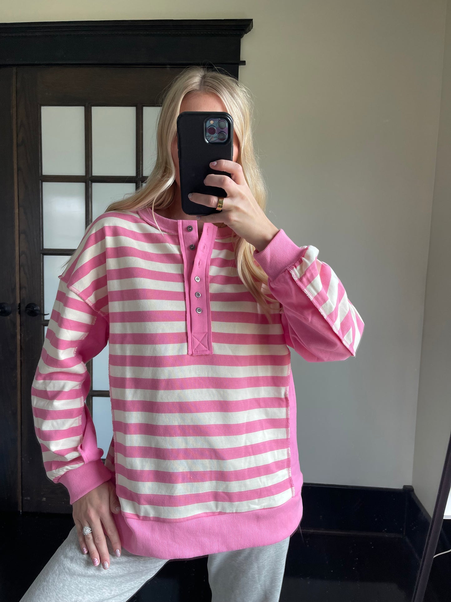 Contrast Panel Henley - Pink + Cream