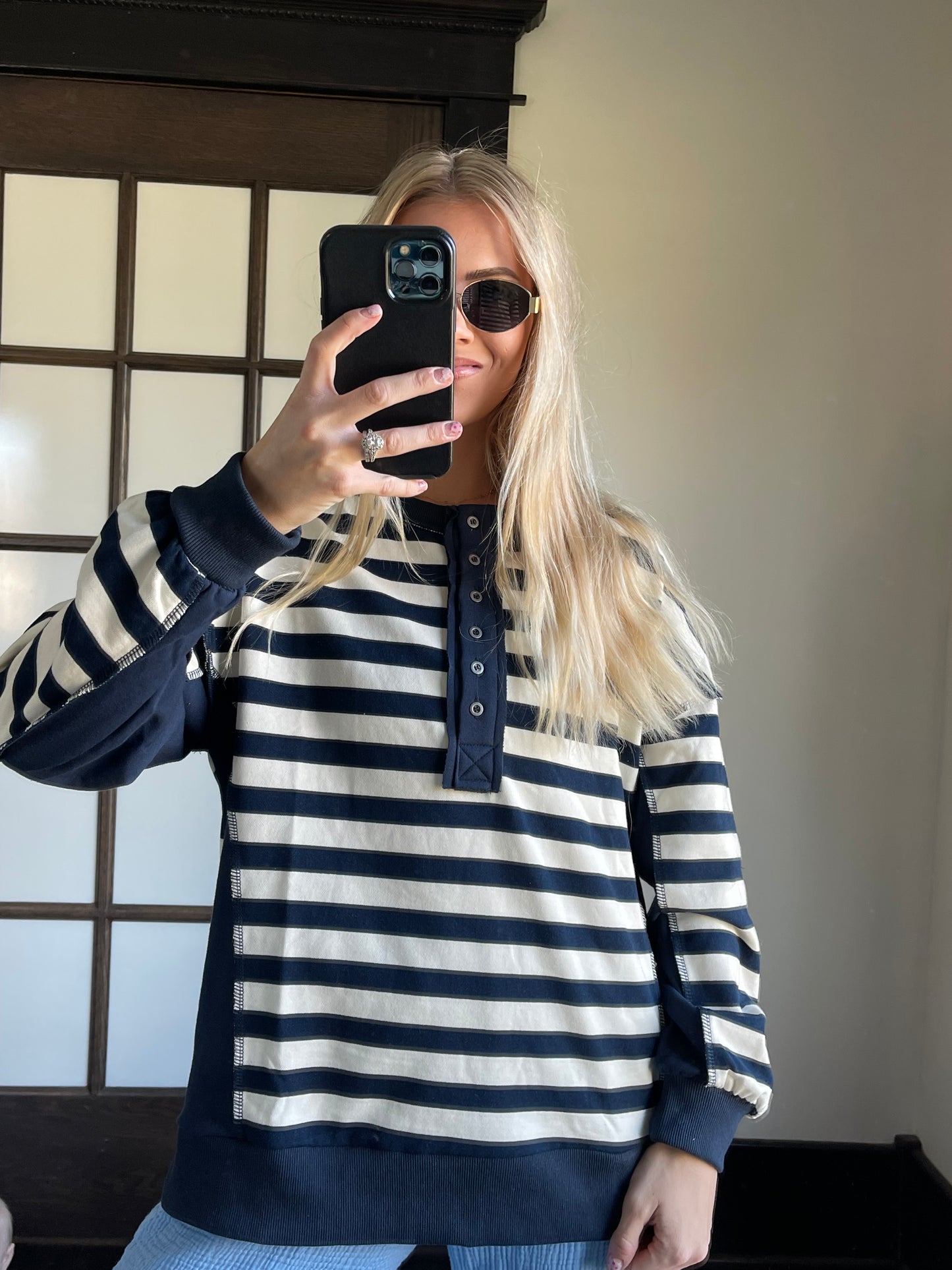 Contrast Panel Henley - Navy + Cream
