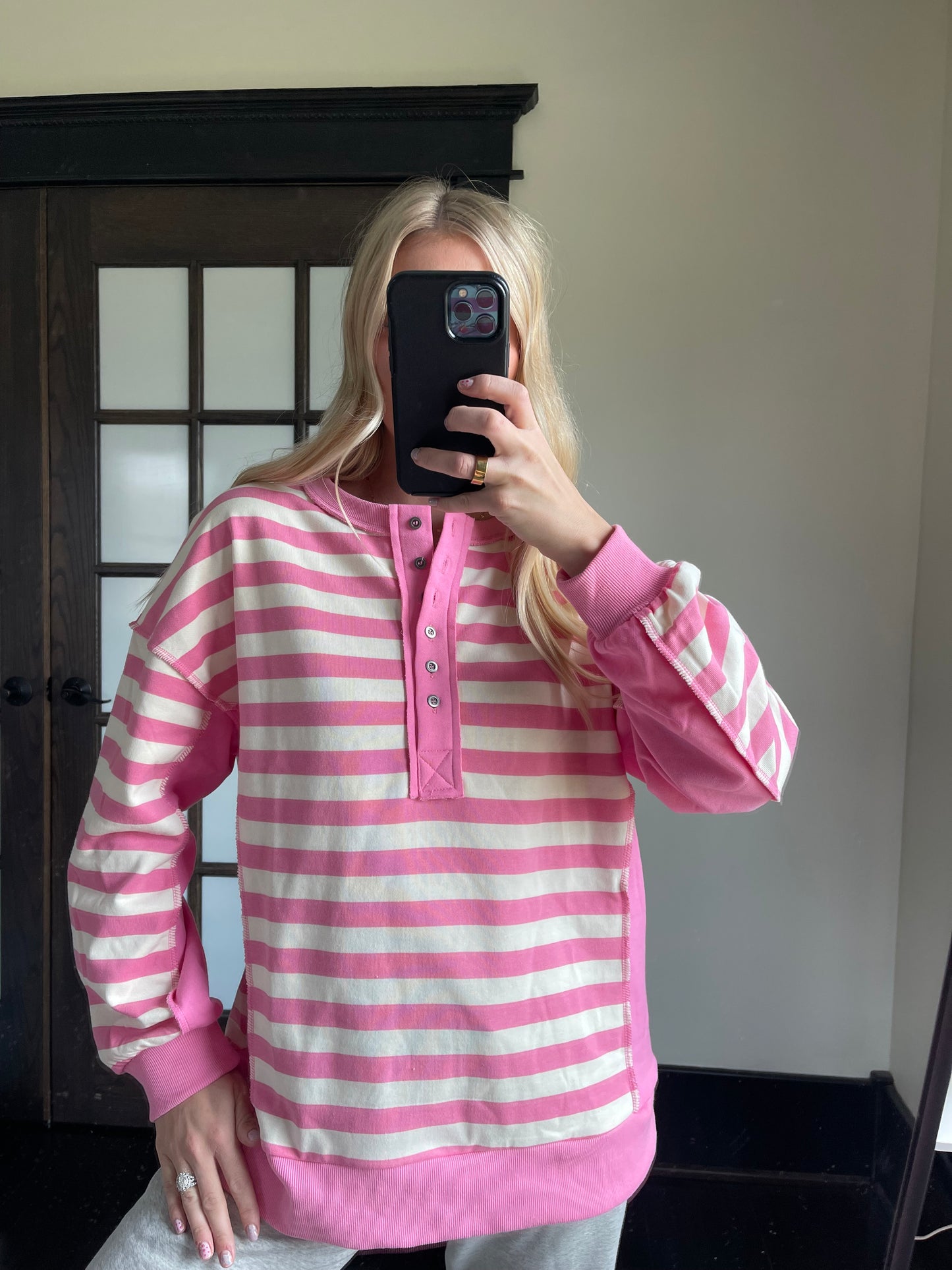 Contrast Panel Henley - Pink + Cream