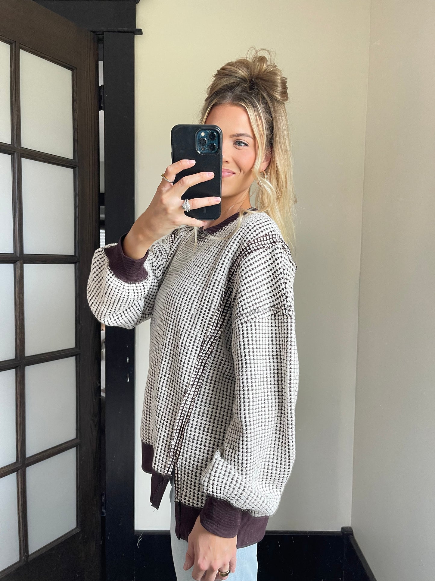 (PREORDER) Waffle Knit Casual Top - Chocolate