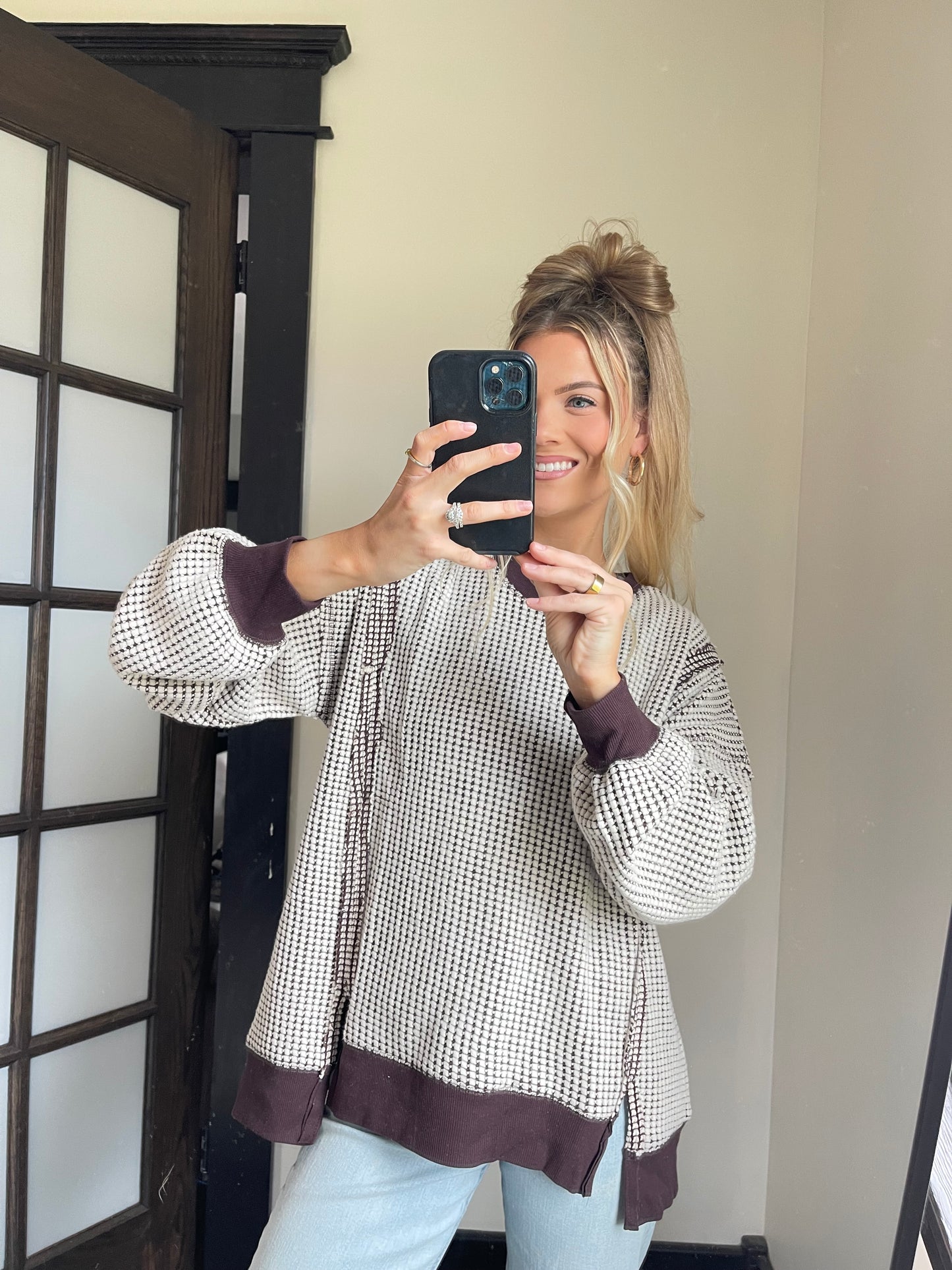 (PREORDER) Waffle Knit Casual Top - Chocolate