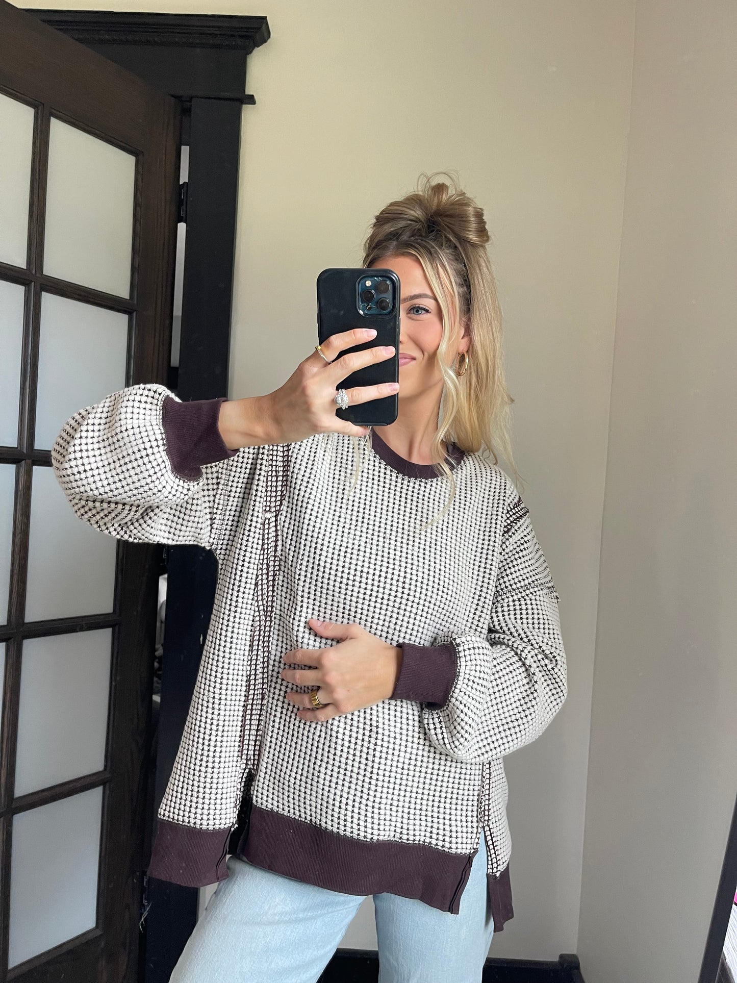 (PREORDER) Waffle Knit Casual Top - Chocolate