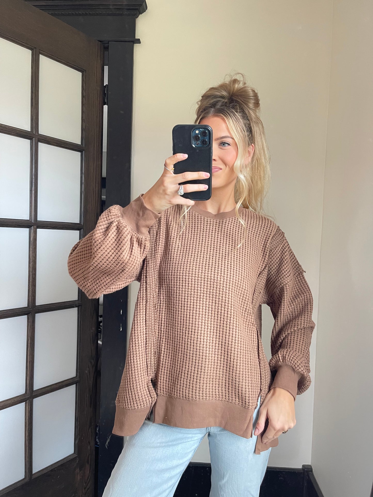 Waffle Knit Casual Top - Mocha
