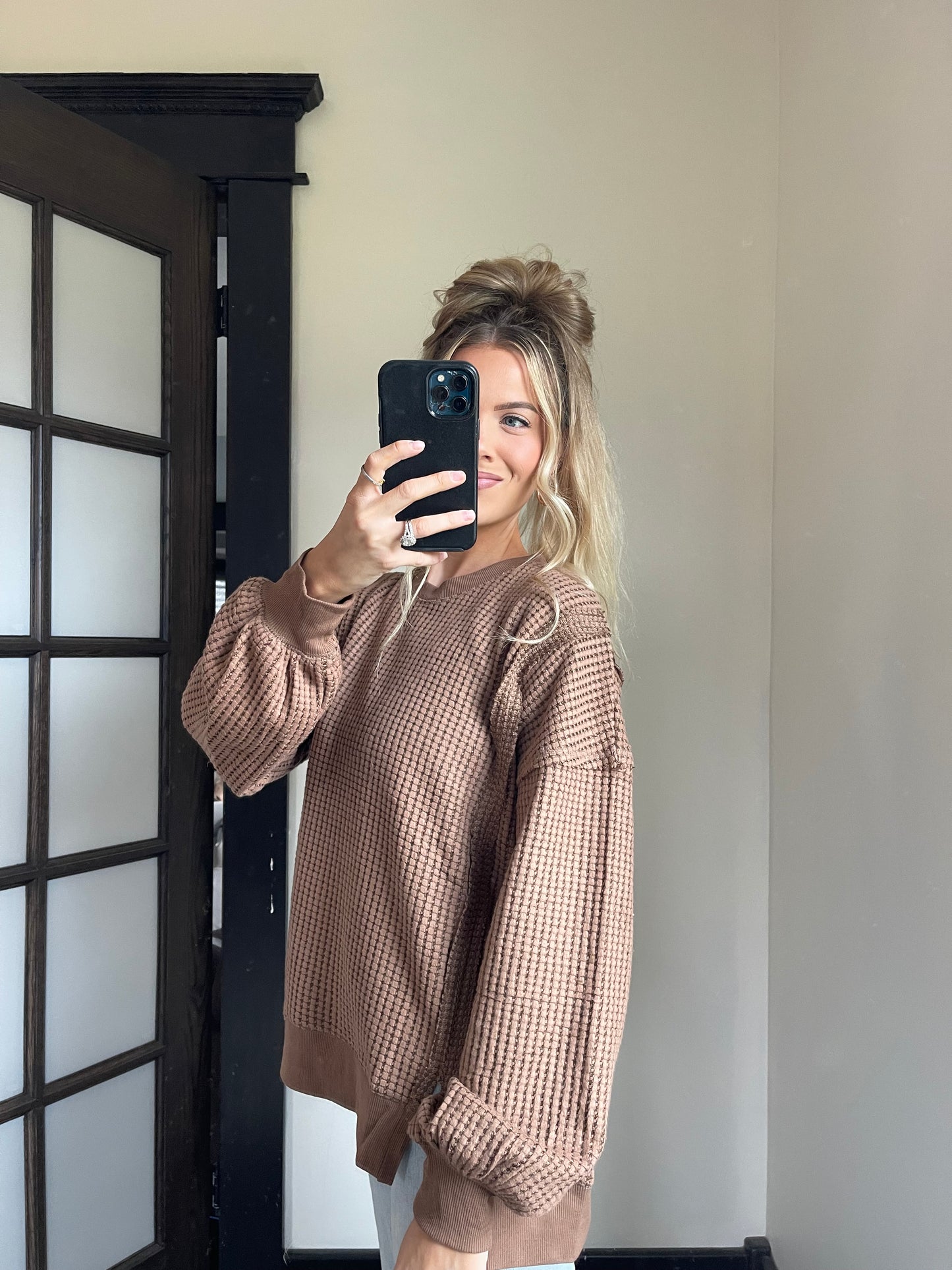 Waffle Knit Casual Top - Mocha