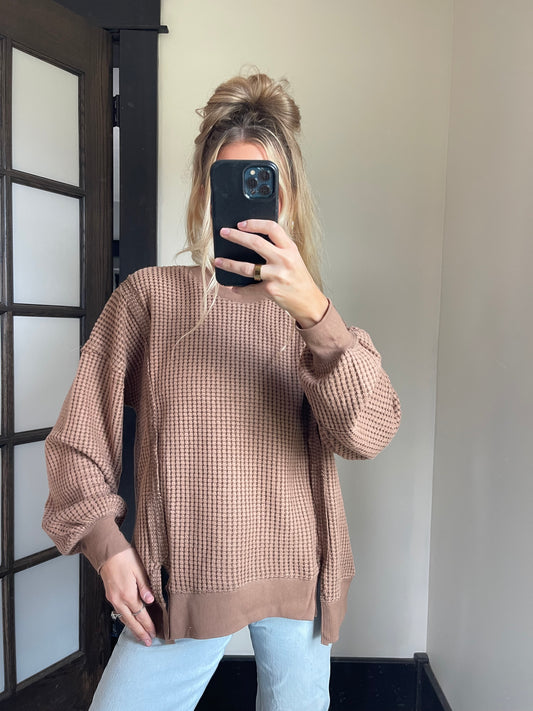Waffle Knit Casual Top - Mocha