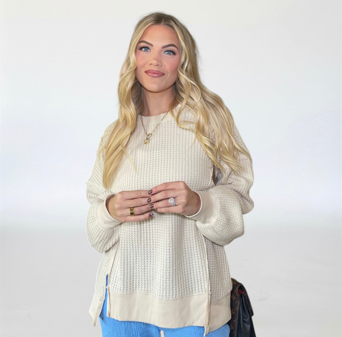 Waffle Knit Casual Top - Cream