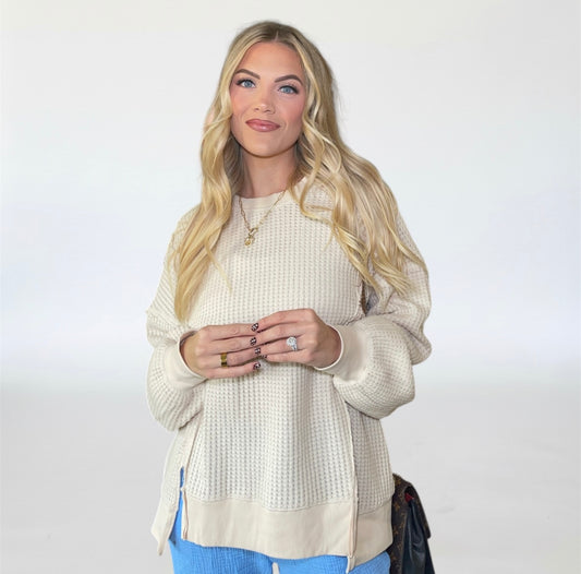 Waffle Knit Casual Top - Cream