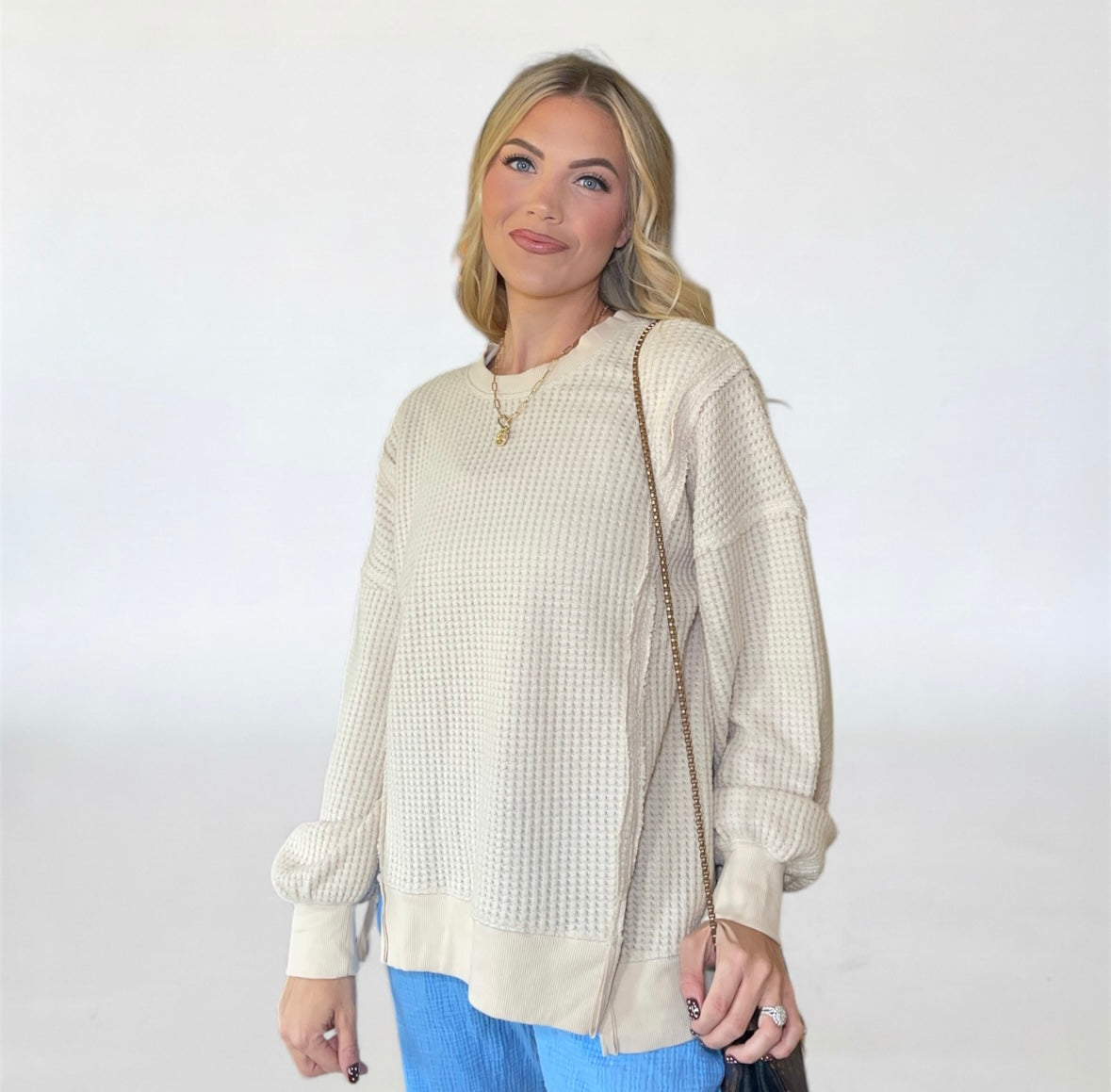Waffle Knit Casual Top - Cream