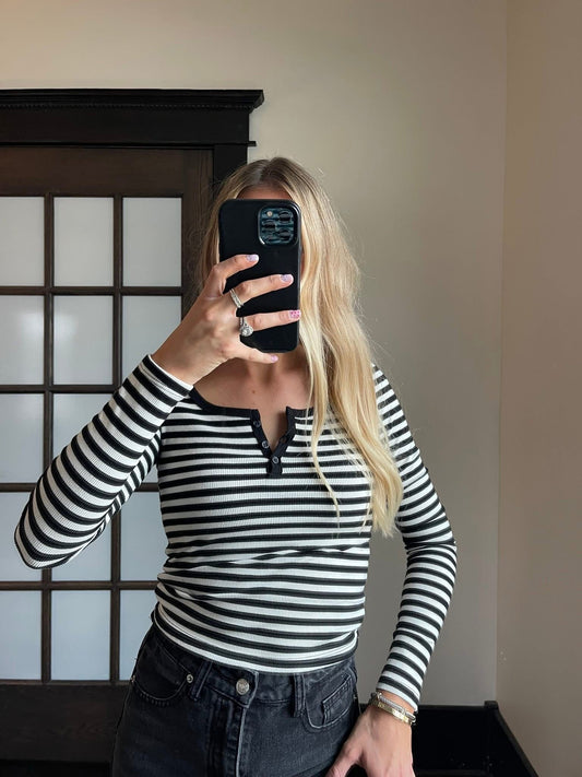 Black & Cream Striped Henley Long Sleeve