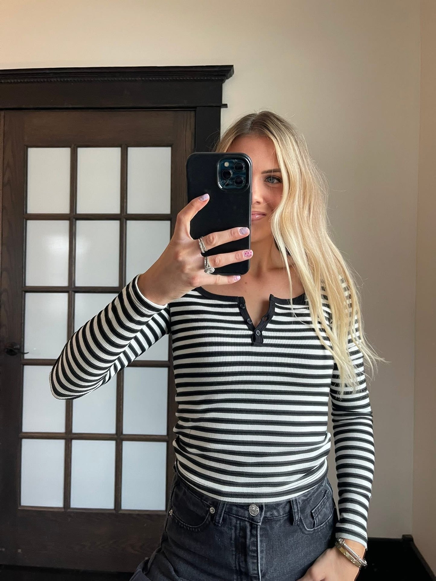 Black & Cream Striped Henley Long Sleeve