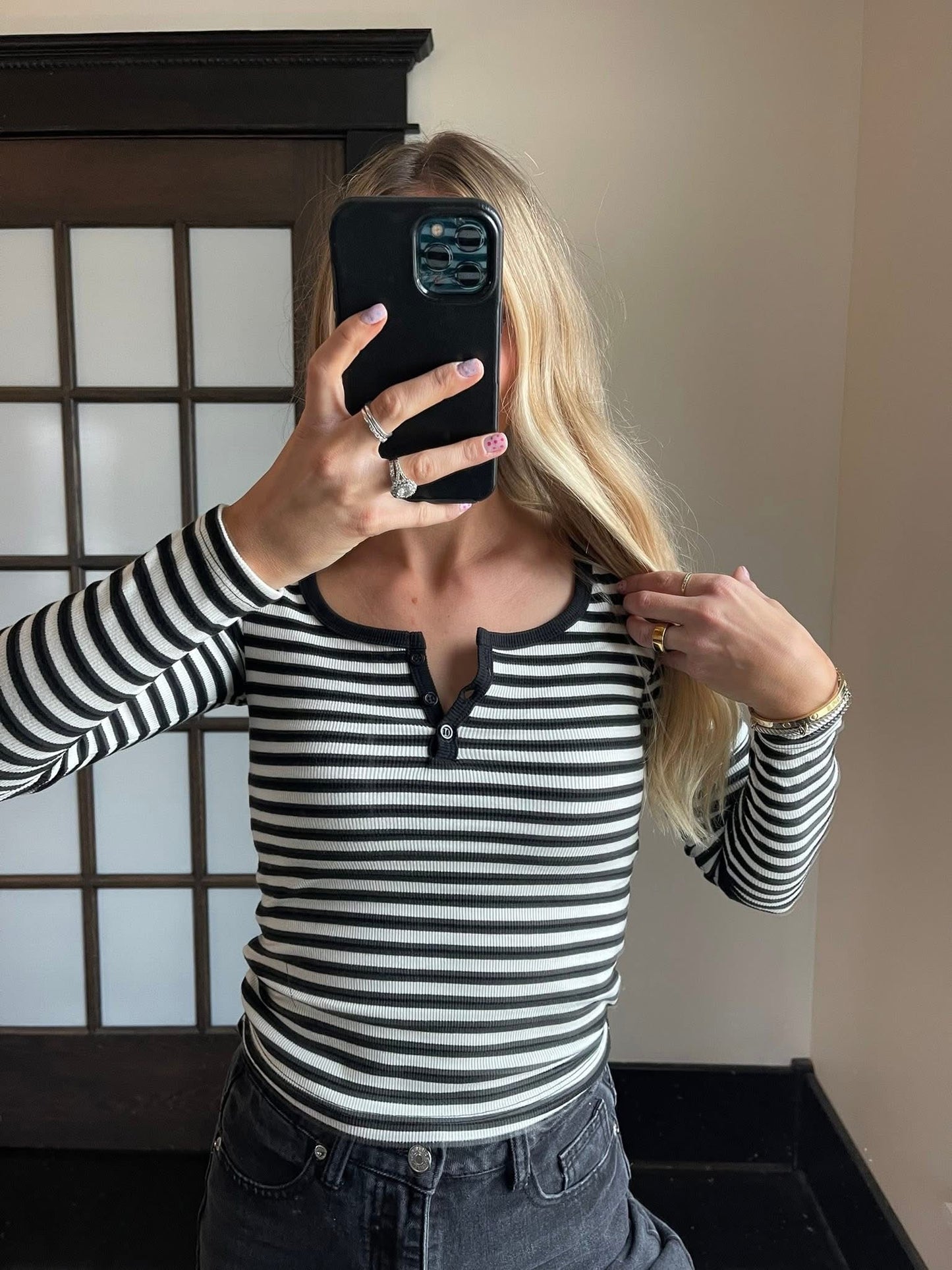 Black & Cream Striped Henley Long Sleeve